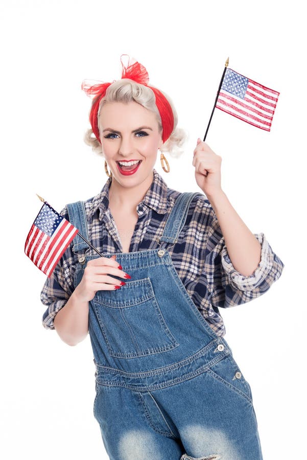 Beautiful retro woman celebrates 4th July, isolated on white