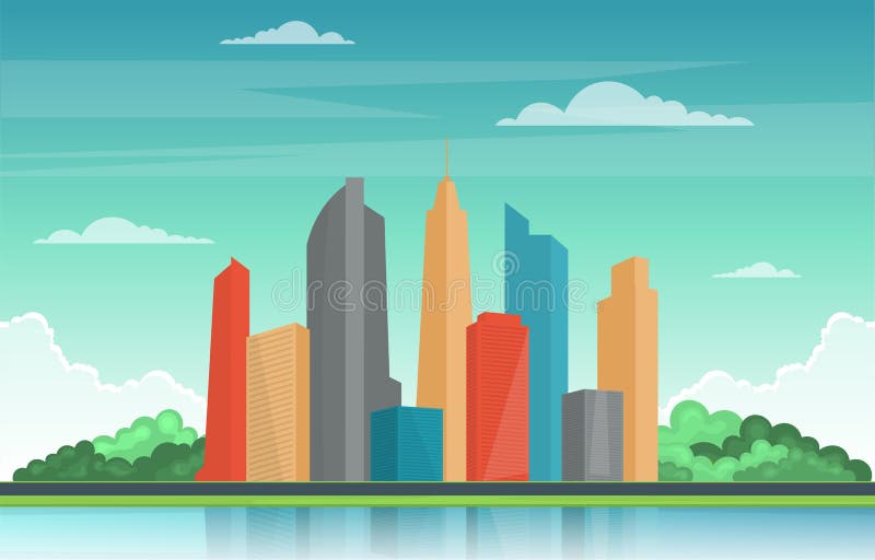 Beautiful River City Park Modern Building Skyline Landmark Illustration ...