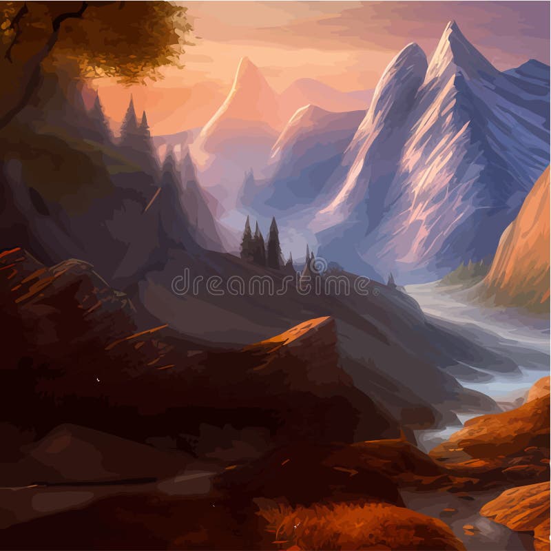 Beautiful River Mountain Forest. Landscape Sharp Mountains River Bank ...