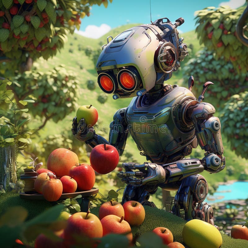 A Robot Picks Fruit in a Forest Surrounded by Fruit Trees Generative AI