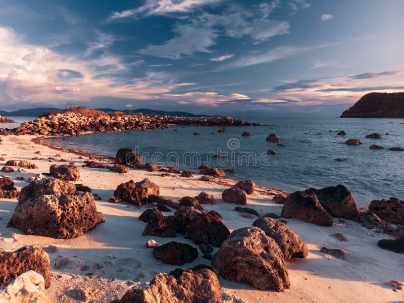 The Beautiful Rocky Beach at Sunset Stock Photo - Image of great, sand ...