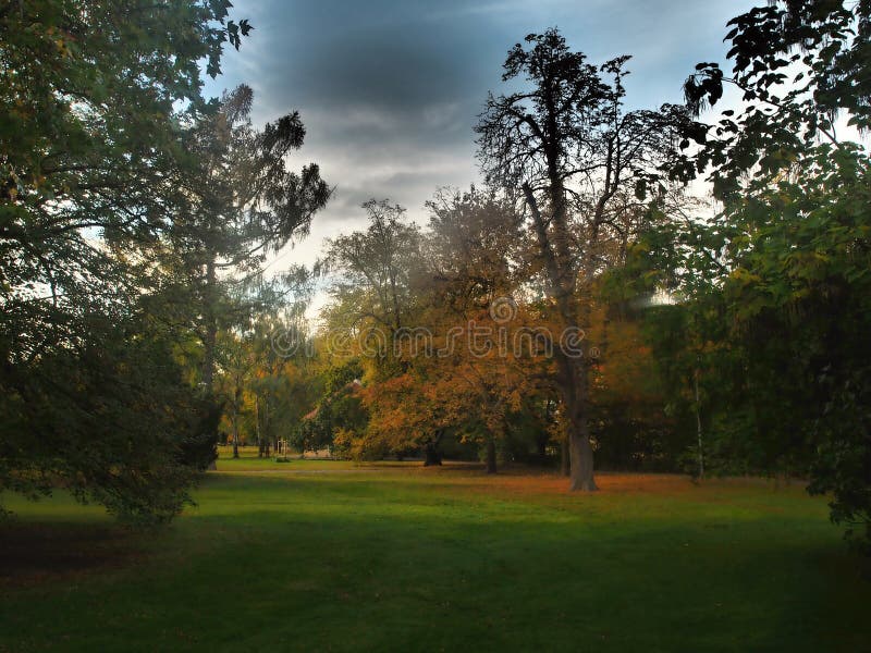 Beautiful romantic garden full of colorful trees with nice color and interesting sky,suitable as wallpaper or interesting image