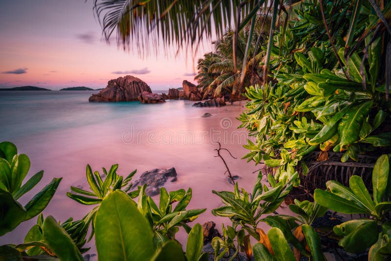 Beautiful romantic sunset sundown red sky on Seychelles paradise island. Granite rocks, palm trees and white sand beach.