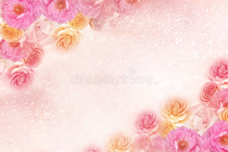 Beautiful roses flower border in soft vintage tone color with glitter romance background