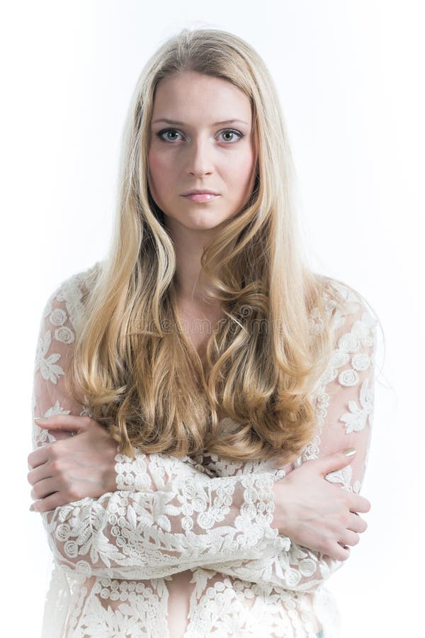 Beautiful Russian Blonde Girl On A White Background In A White 