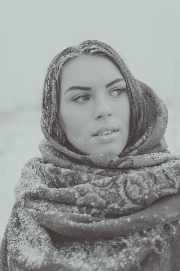 Beautiful Russian Girl In The Winter Woods Near A Christmas Tree Stock