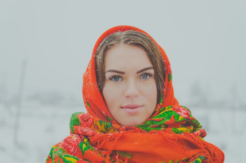 Beautiful Russian Girl In The Winter Woods Near A Christmas Tree Stock