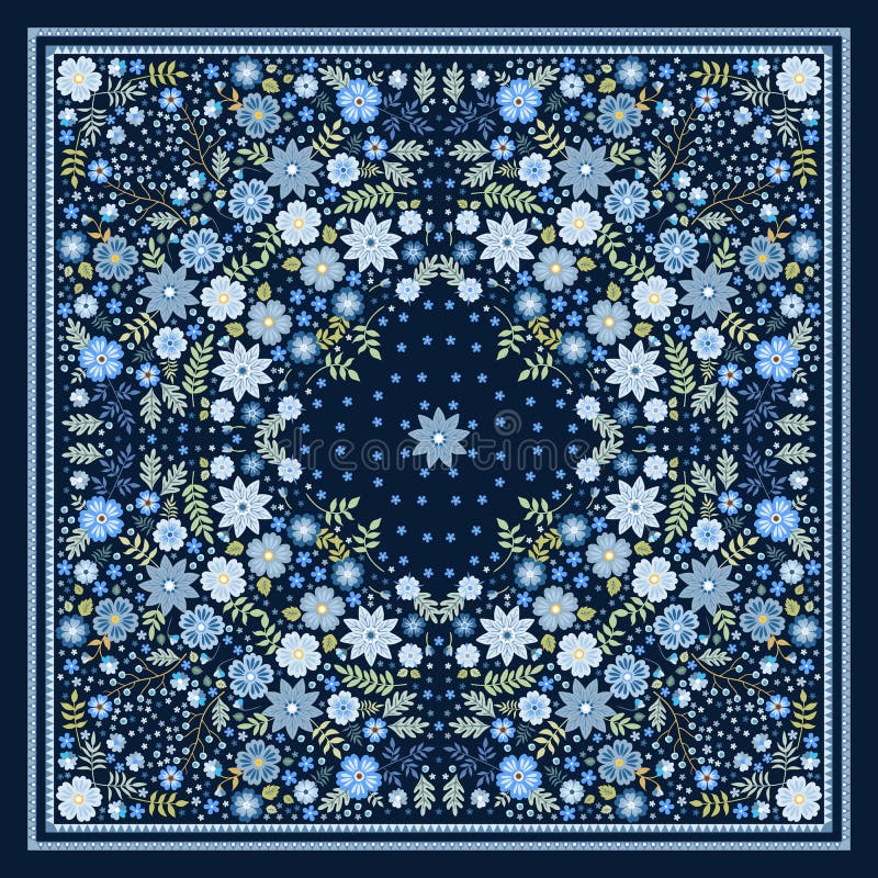 Beautiful scarf with blue flowers. Lovely tablecloth. Bandana print. Pillowcase. Print for fabric. Kerchief square design pattern