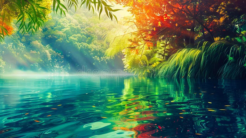 O scenă frumoasă a unui lac cu copaci și soare royalty free stock photography