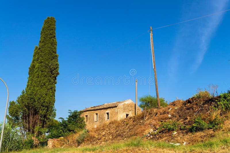 Beautiful Scenery with an Abandoned Old Country House, Caltanissetta, Sicily, Italy, Europe