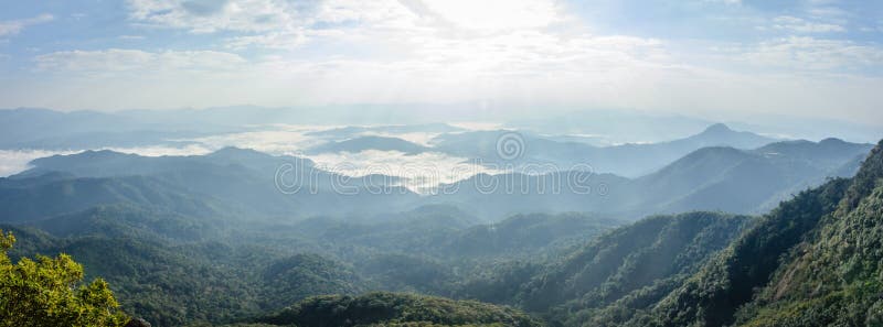 Beautiful scenery with cloudy sky, cloudy sea, sunshine, mountains and forest. &#x22;Than Taung&#x22; Mountain, Kayin State, Myanmar