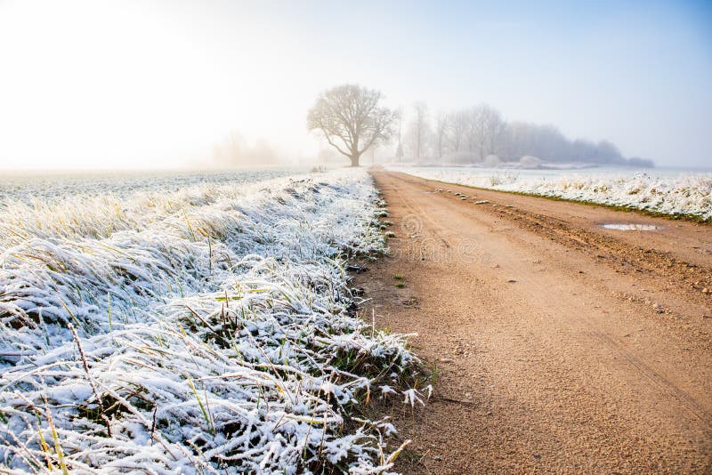 A beautiful scenery of a gravel road in the late autumn with first snow. Fall, morning.