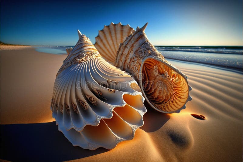 Unusual seashells on the beach with a wide angle view