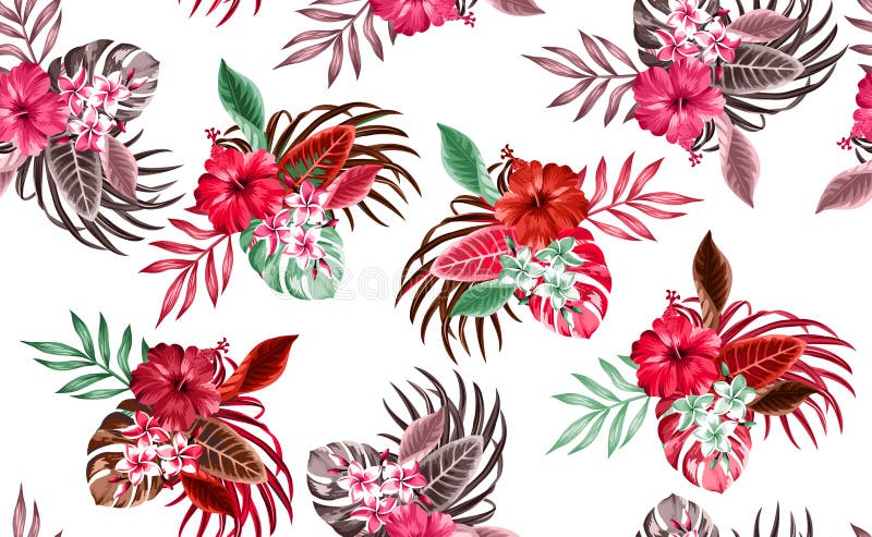 Beautiful seamless floral pattern, spring summer background with tropical flowers, palm leaves, jungle leaf, hibiscus, paradise fl. Ower. Exotic wallpaper stock illustration Beautiful seamless floral pattern, spring summer background with tropical flowers, palm leaves, jungle leaf, hibiscus, paradise fl. Ower. Exotic wallpaper stock illustration