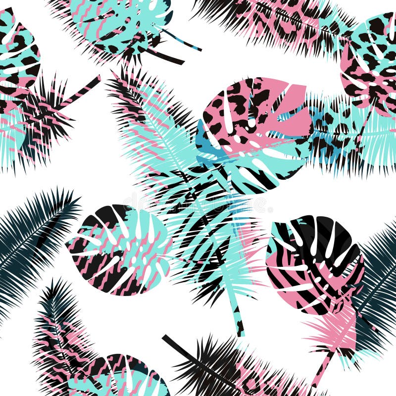 Beautiful seamless floral summer pattern background with tropical palm leaves and animal prints.Perfect for wallpapers, web vector illustration Beautiful seamless floral summer pattern background with tropical palm leaves and animal prints.Perfect for wallpapers, web vector illustration