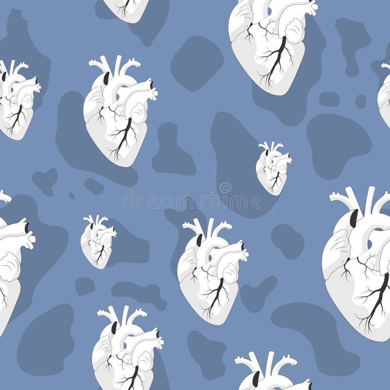 Beautiful seamless pattern of realistic white hearts on a deep blue background with shadow spots. Hand drawn stock illustration