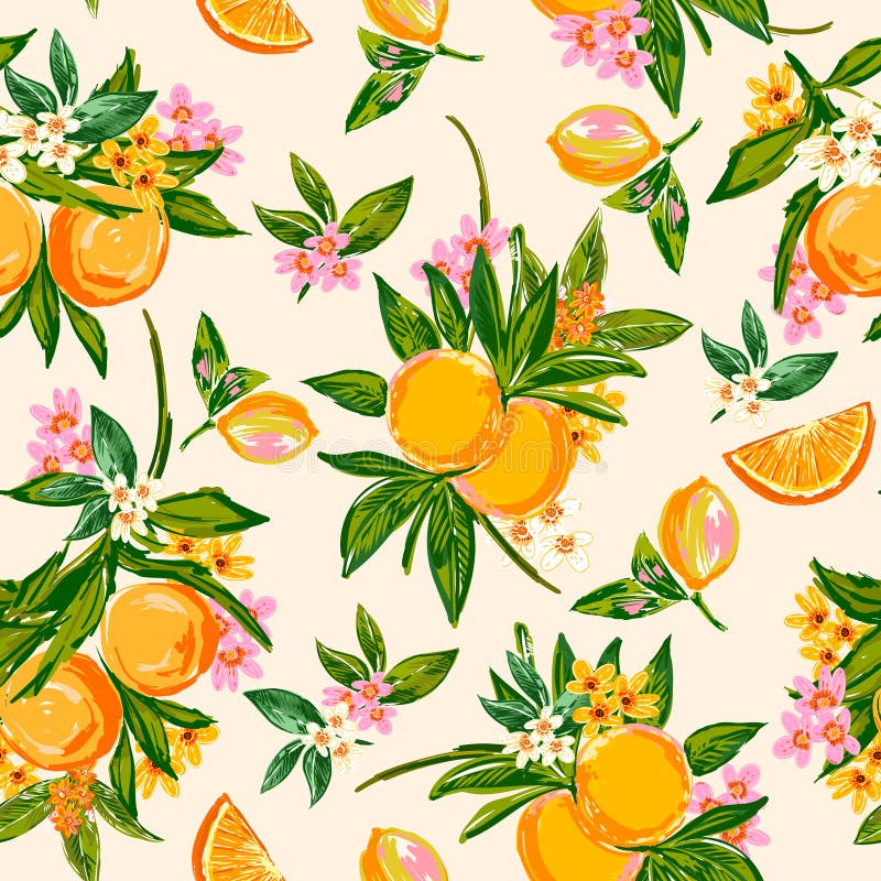 Beautiful seamless Summer Vacation Seamless pattern. Summer fruit, Lemon , Oranges , flower, banana,beach and ocean vector hand