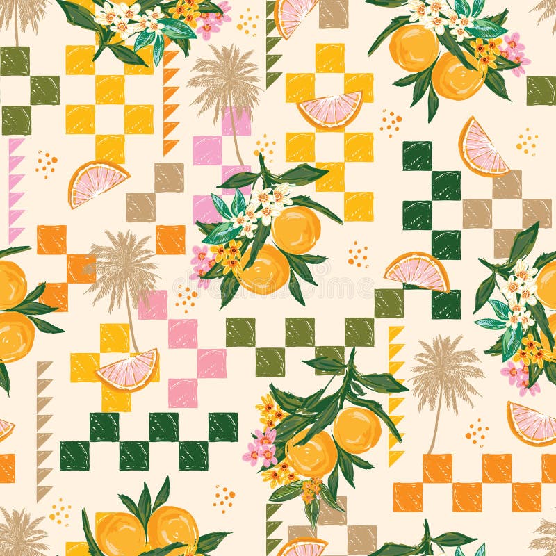 Beautiful seamless Summer Vacation Seamless pattern. Summer fruit, Lemon , Oranges , flower, banana,beach and ocean vector hand