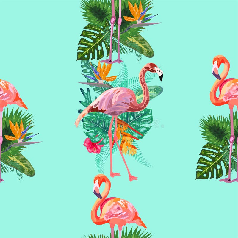 Beautiful seamless vector floral pattern background with pink flamingos, tropical flowers stock illustration
