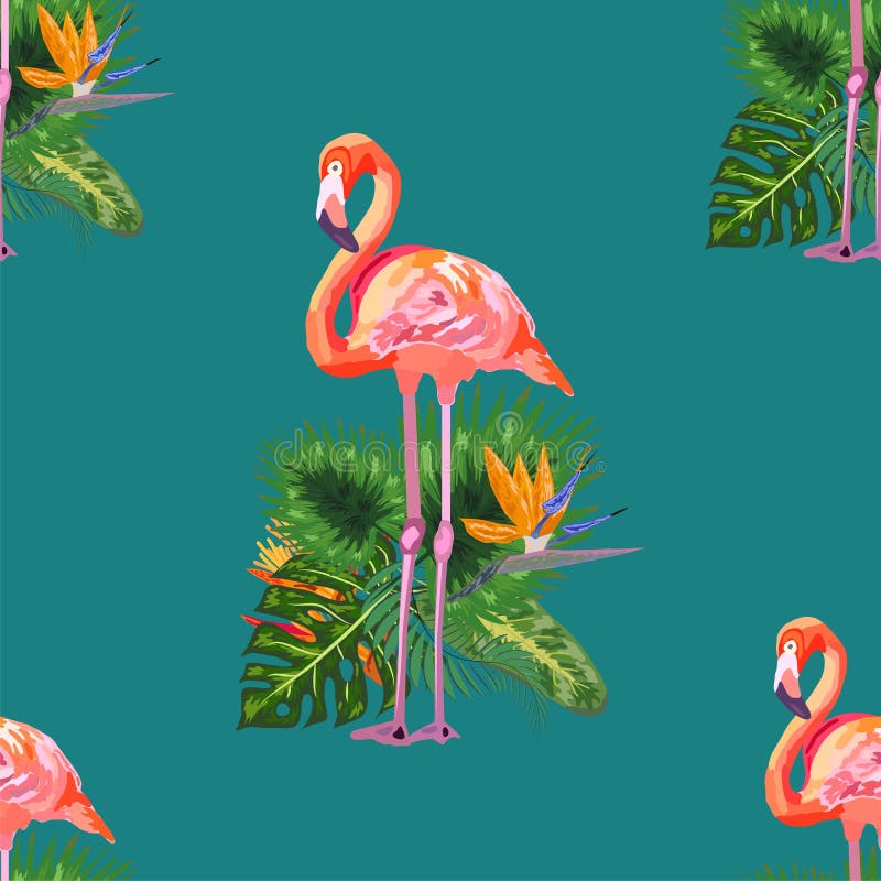 Beautiful seamless vector floral pattern background with pink flamingos, tropical flowers royalty free illustration