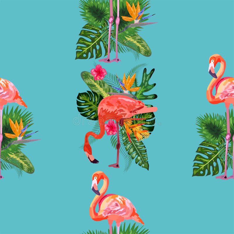 Beautiful seamless vector floral pattern background with pink flamingos, tropical flowers vector illustration