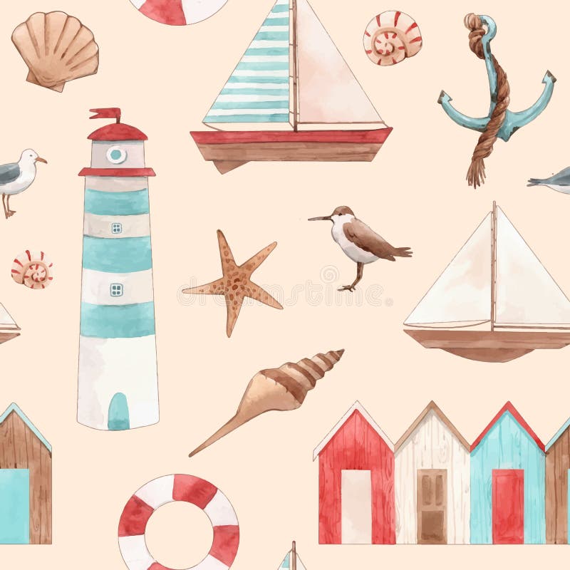 Watercolor marine vector pattern