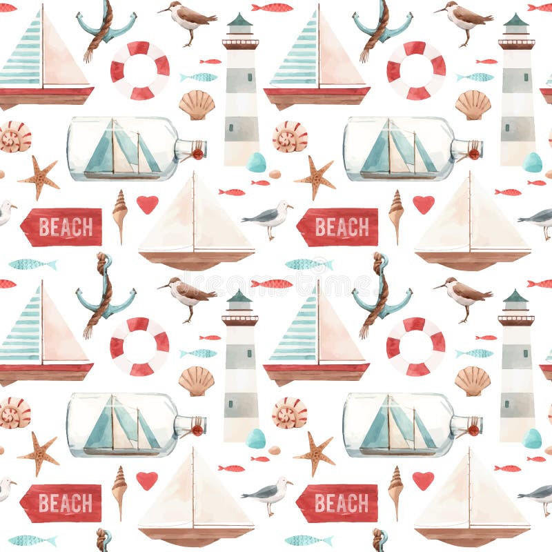 Watercolor marine vector pattern