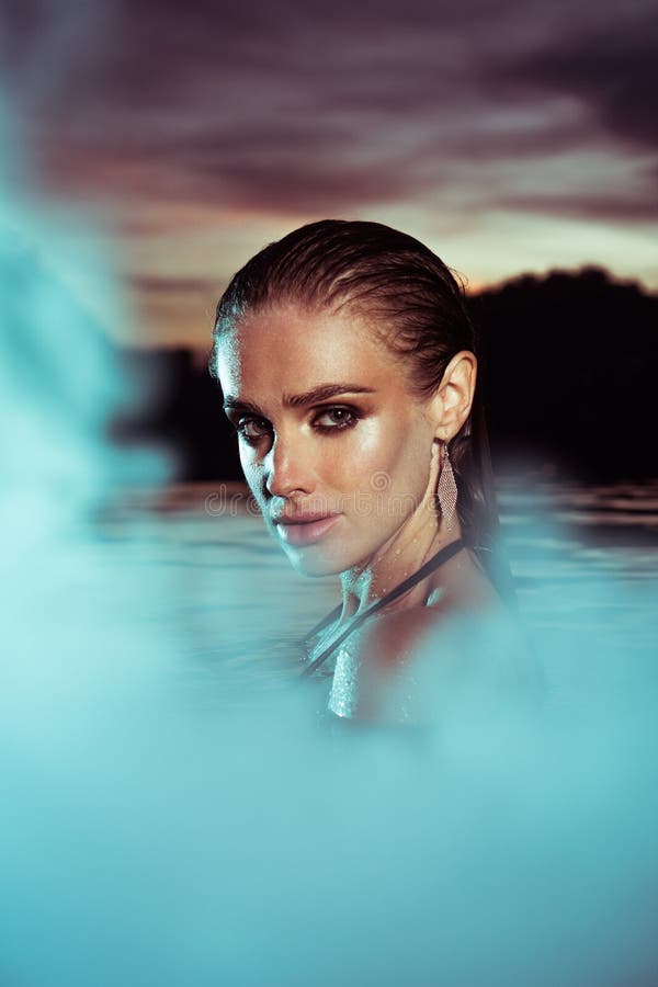 Beautiful Sensual Woman Alone in Infinity Swimming Pool Stock Photo ...