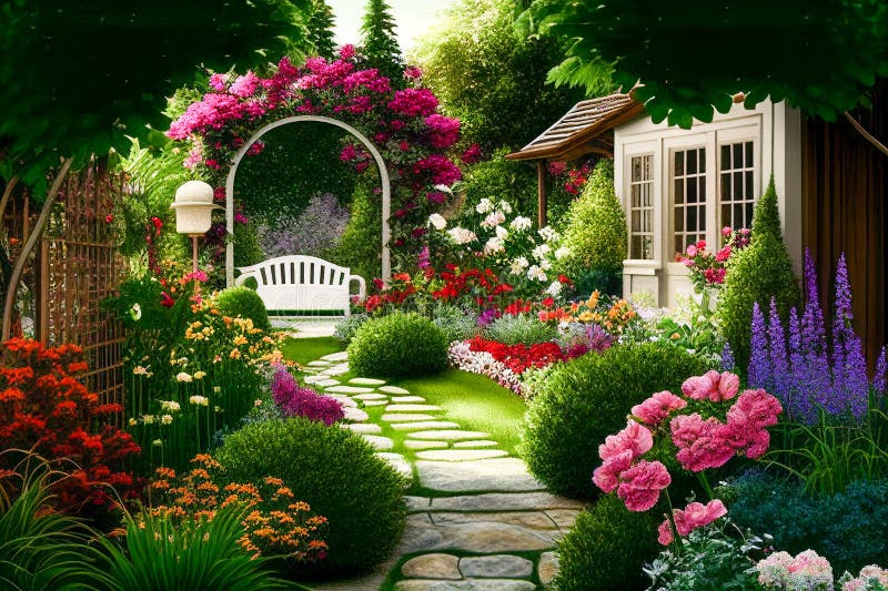 A Beautiful and Serene Garden with a Variety of Flowers and Plants ...