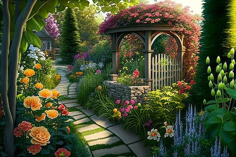 A Beautiful and Serene Garden with a Variety of Flowers and Plants ...