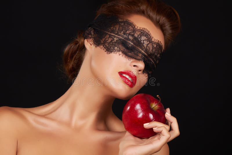 Beautiful brunette woman with lace eating red apple healthy food, tasty food, organic diet, smile healthy, boac