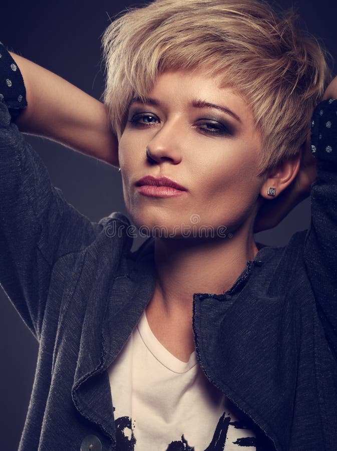 Beautiful Cocky Woman with Short Bob Blond Hairstyle and Bl Stock Image - Image of female, makeup: 101719455 Beautiful Cocky Woman with Short Bob Blond Hairstyle and Bl Stock Image - Image of female, makeup: 101719455