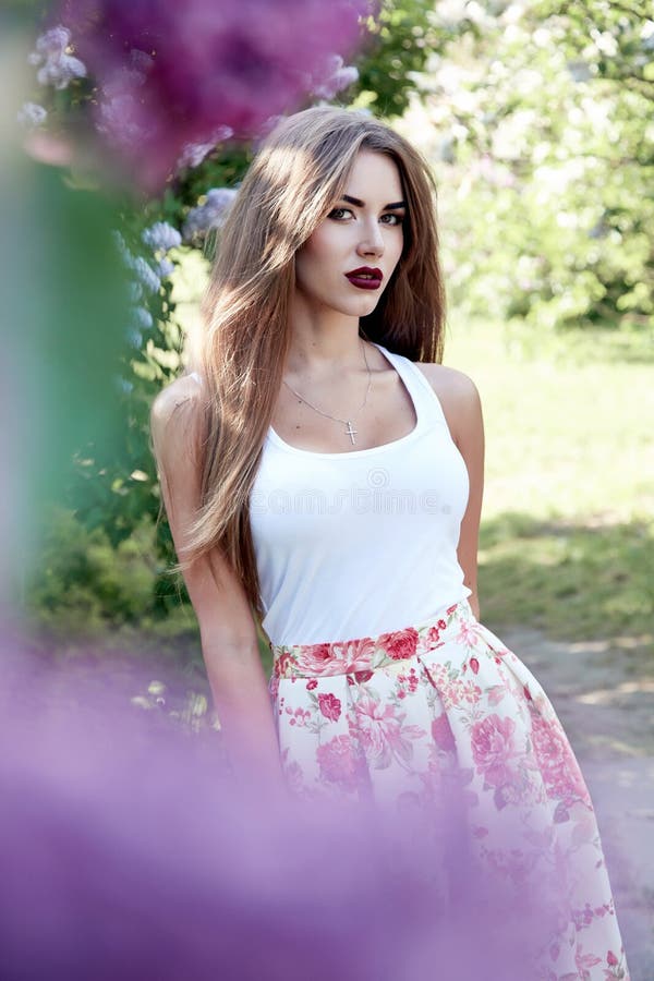 Beautiful Woman Brunette Walk in Park Sun Shine Dress Stock Photo ...