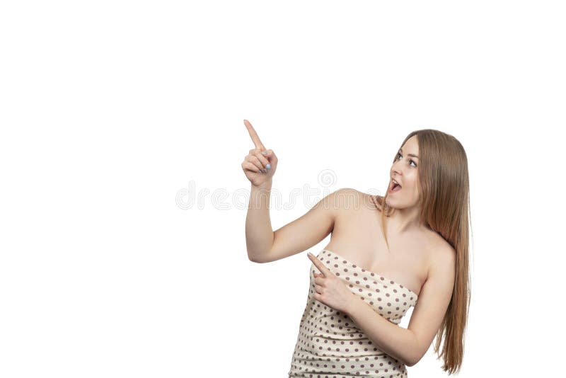 Beautiful woman points fingers to the side stock photo Beautiful woman points fingers to the side stock photo