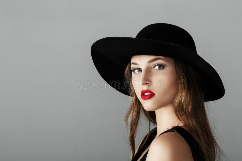 Beautiful Woman with Red Lipstick in Black Hat Stock Photo - Image of ...