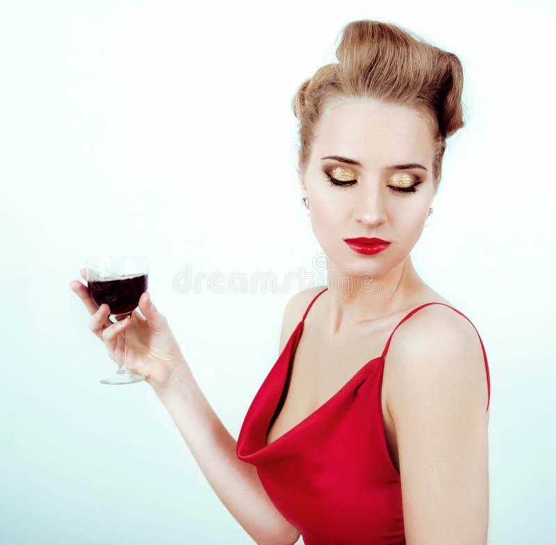 Beautiful Woman In Red Satin Dress And Red Lips Drinking Vi Stock Image Image Of Face Fashion