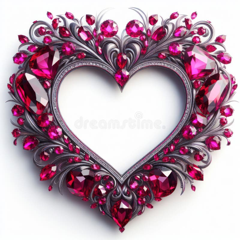 Beautiful shining rubies in a heart shape for a romantic border on white background stock illustration