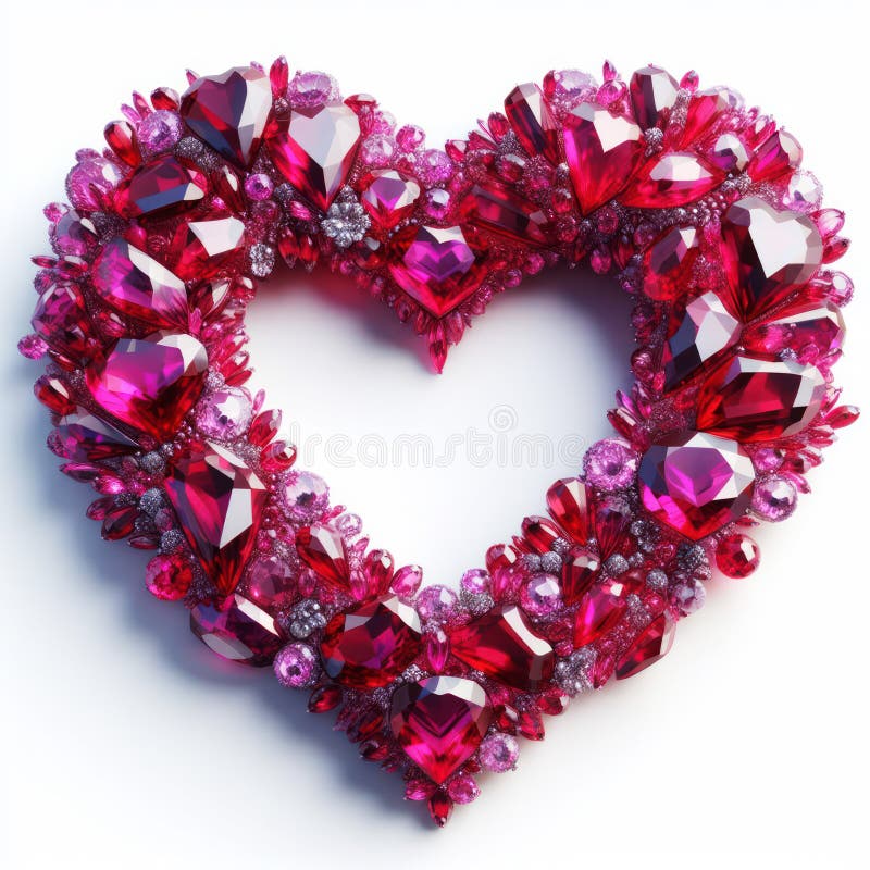 Beautiful shining rubies in a heart shape for a romantic border on white background vector illustration