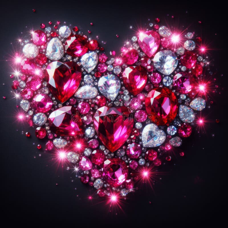 Beautiful shining rubies in a heart shape for a romantic message on black background vector illustration