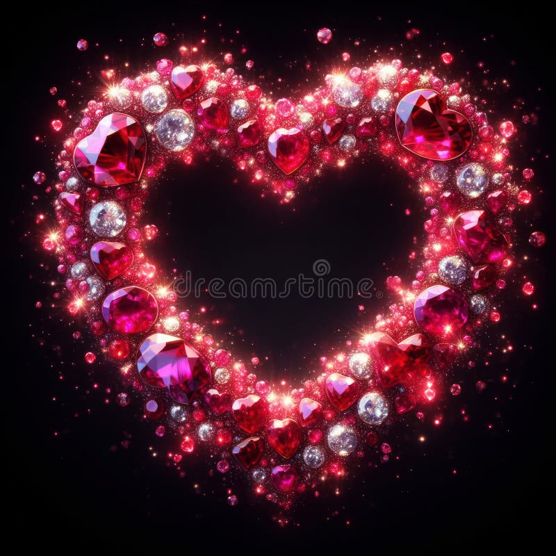Beautiful shining rubies in a heart shape for a romantic message on black background stock illustration