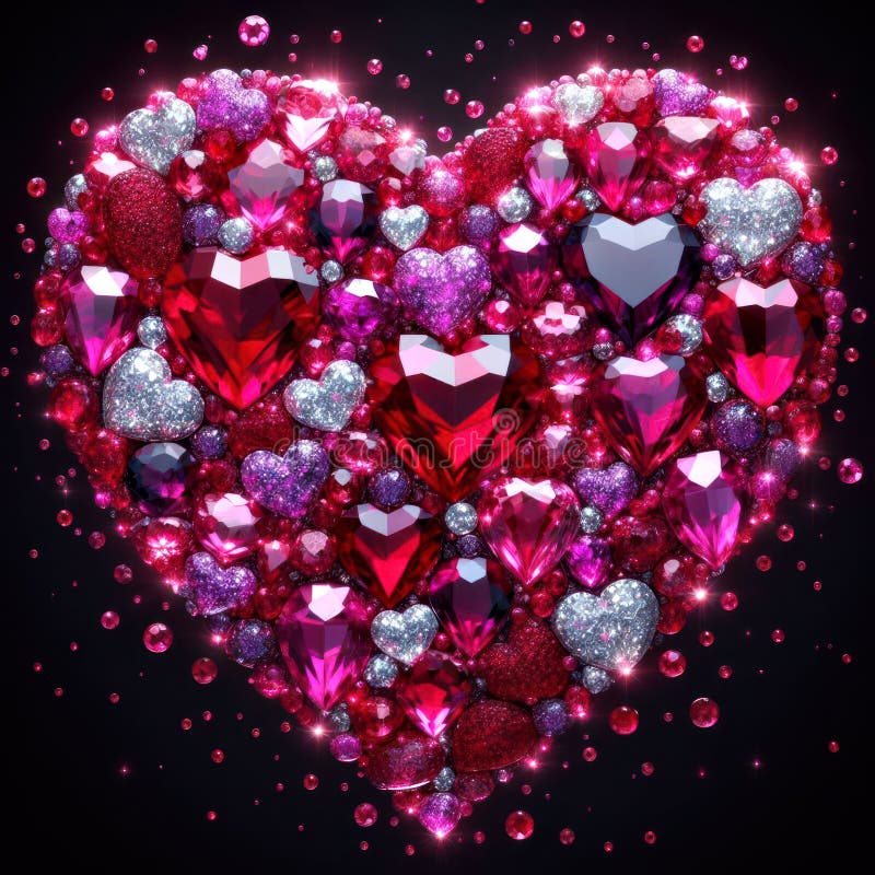 Beautiful shining rubies in a heart shape for a romantic message on black background stock illustration