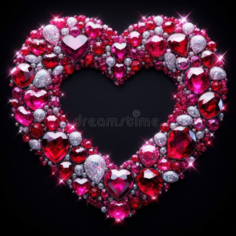Beautiful shining rubies in a heart shape for a romantic message on black background royalty free illustration