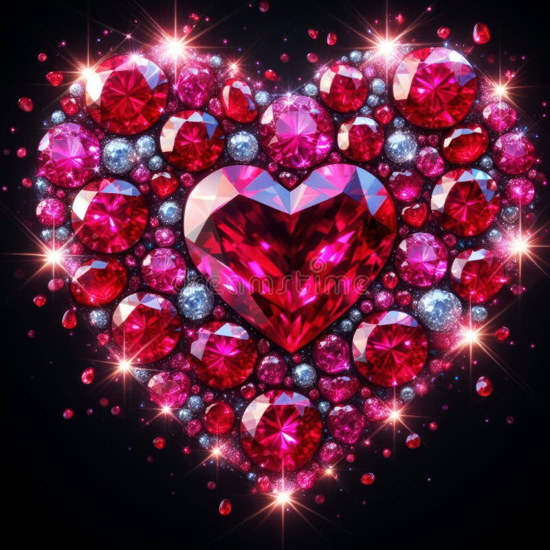 Beautiful shining rubies in a heart shape for a romantic message on black background royalty free illustration