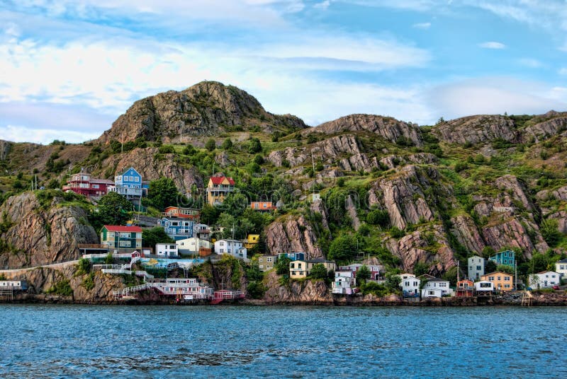 Beautiful shot of the houses on the shoreline of The Narrows, St. John\ s arbour, Newfoundland