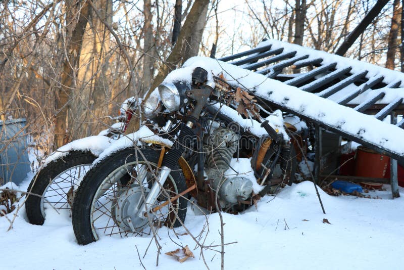 Beautiful Shot Of A Motorcycle Covered In Snow Stock Image Image of street, background 186615223