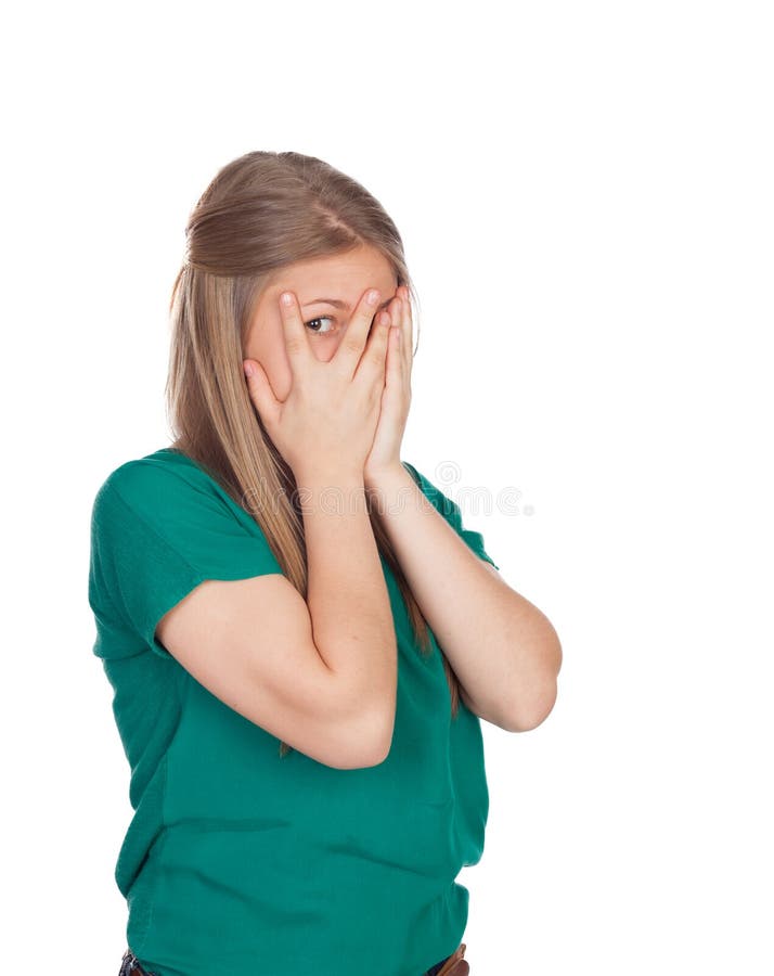 Beautiful Shy Girl With Green T Shirt Covering Her Face Stock Image