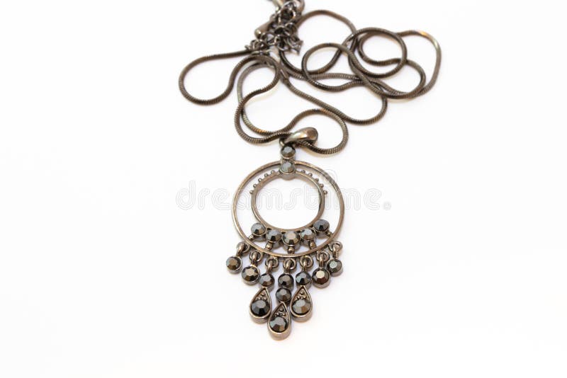 Beautiful Silver Pendant with Black Stones and Chain on White