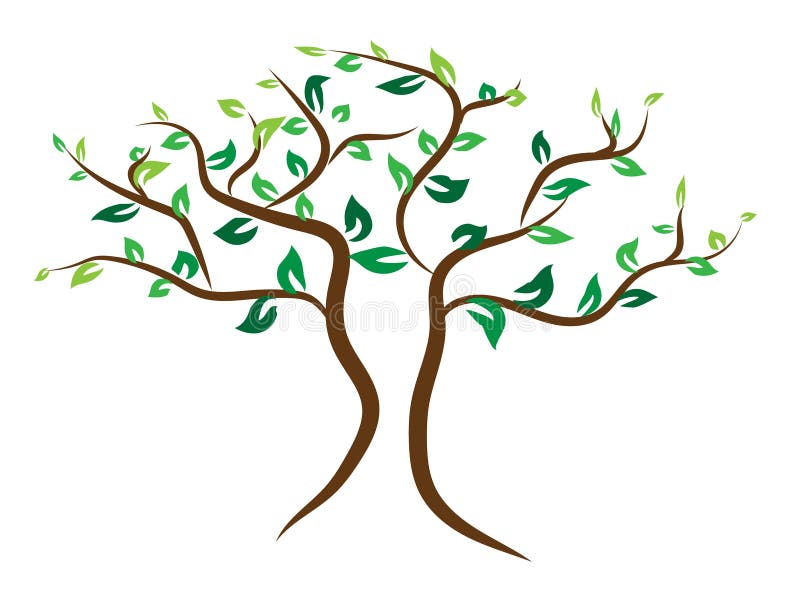 Beautiful simple green tree. Brown branches with dark and light green leaves. stock illustration