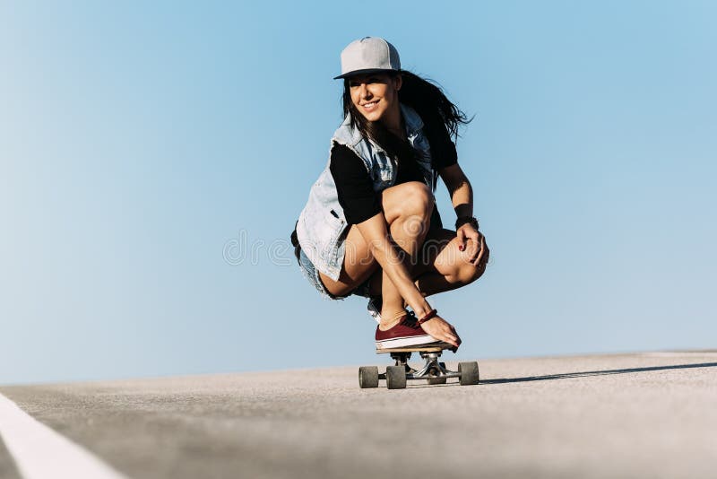 Beautiful Skater Woman Riding On Her Longboard Stock Image Image Of Skateboarding Copyspace