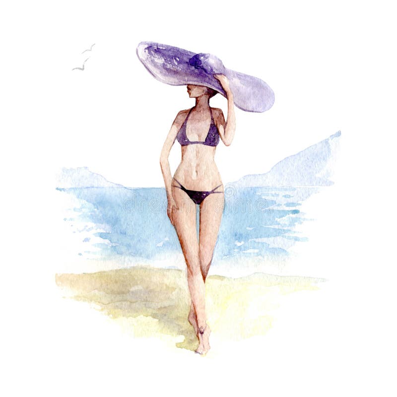 Girl in straw hat and swimsuit on beach, watercolor illustration on white background.